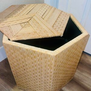 Tan Woven Basket with Geometric Accents